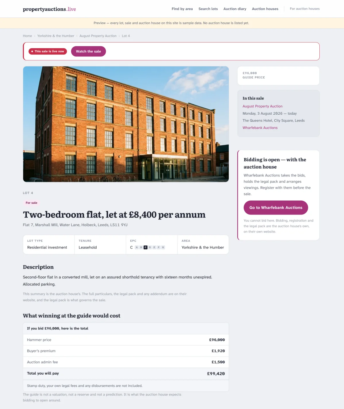 A lot page showing the property photograph, address, guide price, particulars and a breakdown of the total cost of winning at the guide, with a link out to the auction house selling it.