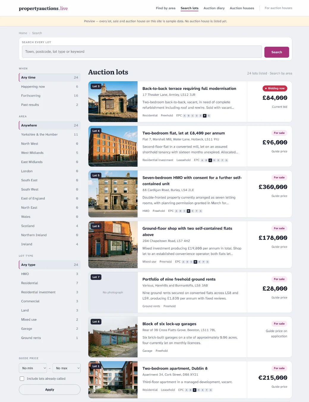 Search results with a filter rail on the left for location, guide price, lot type and tenure, and six lot cards on the right, each showing a photograph, address, guide price and the auction house selling it.