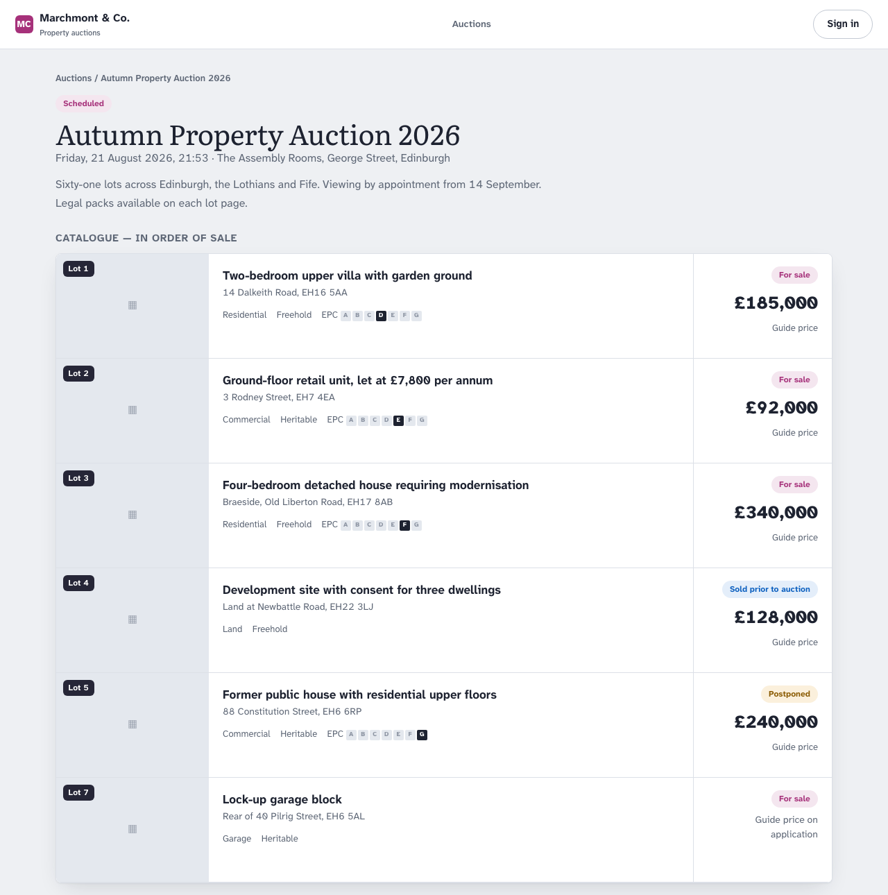 An auction catalogue listing lots in order of sale, each with a photograph, lot number, address, guide price and current status.