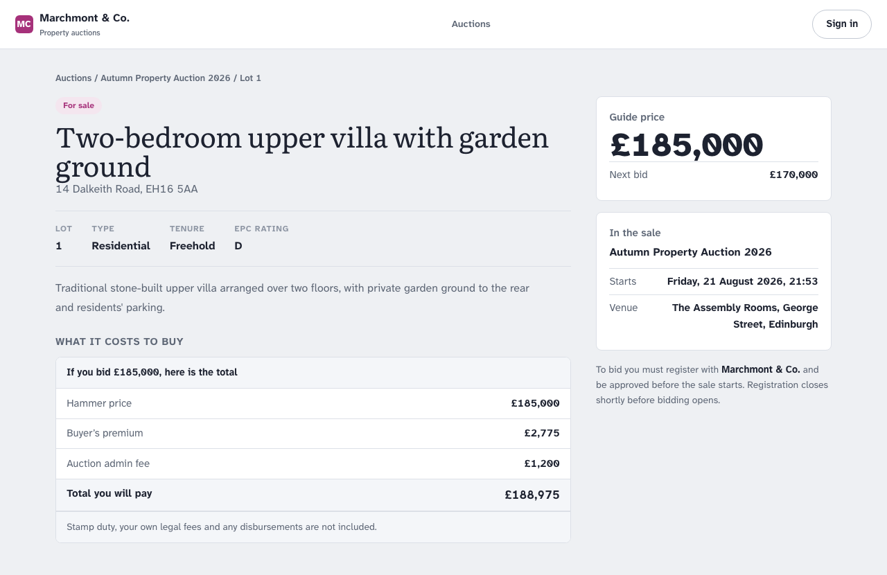 A lot page on an auction house's own site, showing photographs, the guide price, tenure, EPC rating, viewing dates and the legal pack download.