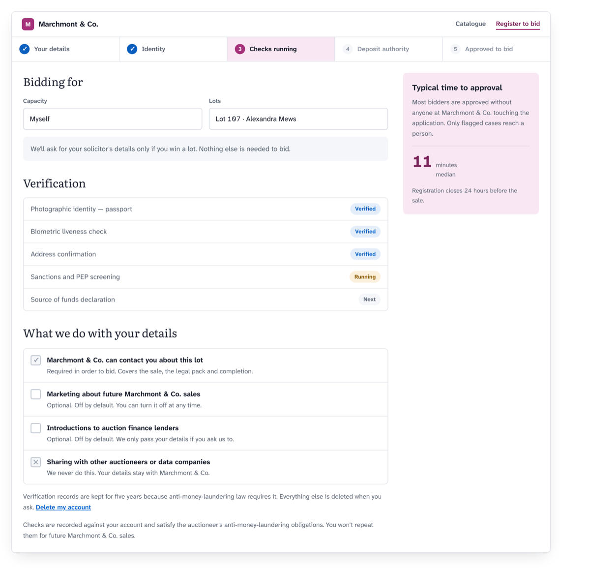 The registration screen: identity and address verification steps, a deposit pre-authorisation, and a consent panel with contact about the lot required, marketing off by default, and sharing with other auctioneers permanently declined.